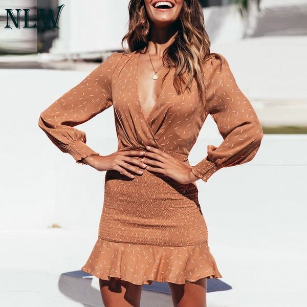 

NLW Long Sleeve Ruffles Women Dress 2019 Summer Spring Party Bodycon Dress Sexy V Neck Sexy Dress Vestidos