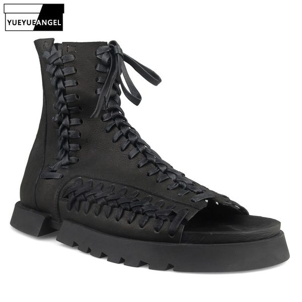 

sandals gothic mens lace up high summer genuine leather gladiator shoes male harajuku open toe thick platform, Black