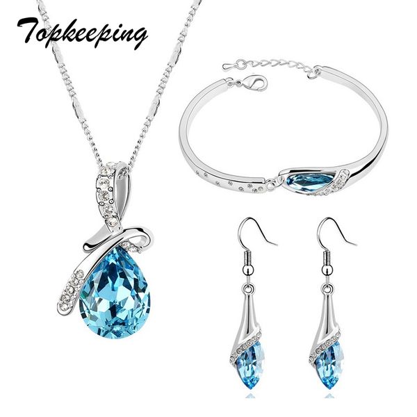 

eeping brand girls crystal jewelry sets pendants & necklaces stud earring bracelet bangles chain fashion jewelry for women, Silver
