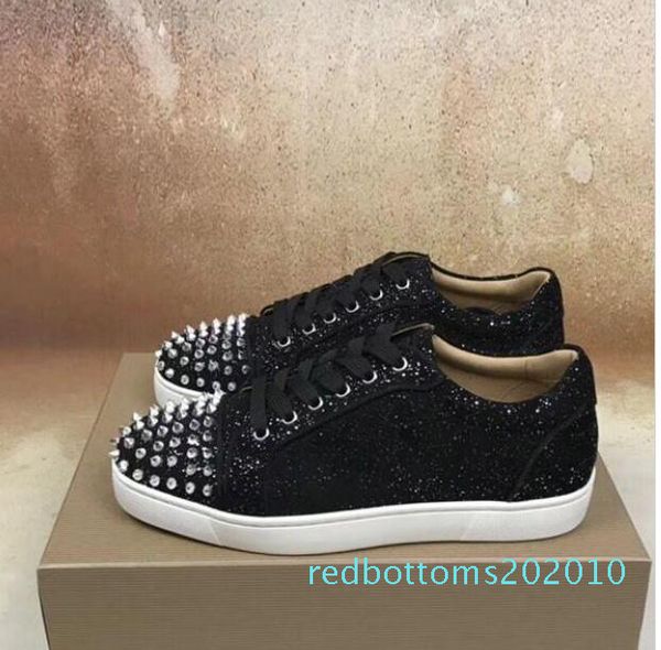 

popular designer low spikes junior sneakers with rivets black shiny leather red bottom shoes men,women outdoor trainer size 35-46 r10