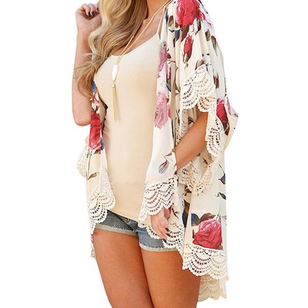 

feitong women cardigan 2017 chiffon floral white lace splicing three quarter sleeve long kimono cardigan shirts tunic coat