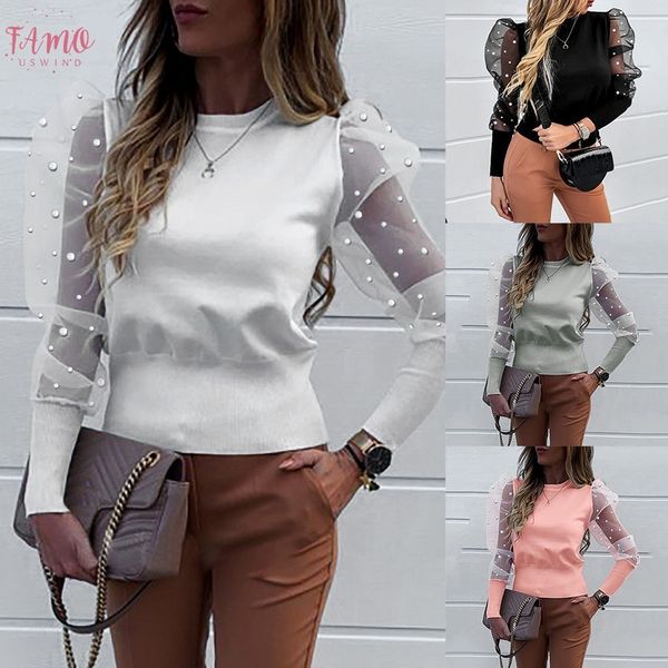

t shirt spring and autumn womens short long sleeve pearl mesh puff sleeve fashion slim knit round neck women, White