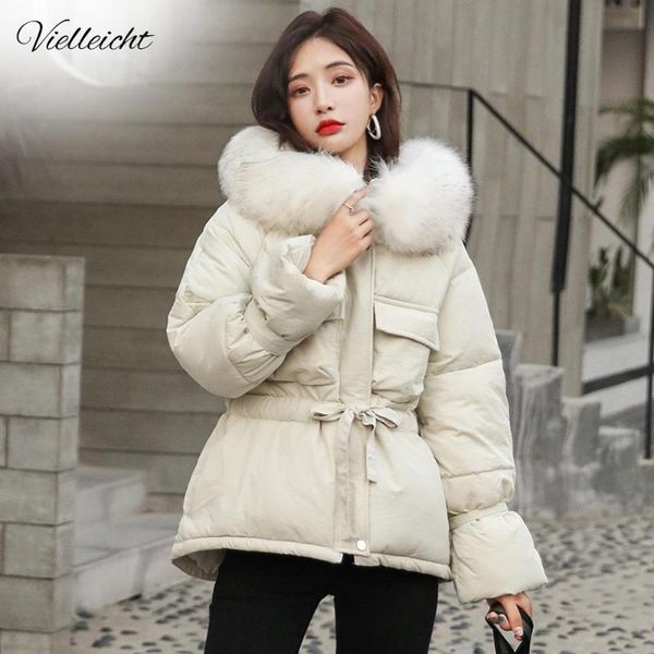 

vielleicht 2020 new korean fur hooded jackets parkas winter jacket women short style tie up warm thick slim winter coat female, Black
