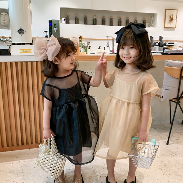 

2020 new stylish baby girls 2 pcs set mesh dress+strap dress summer kids girls suits 1-7 years, White