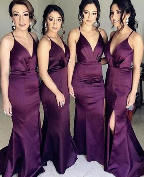 

satin mermaid bridesmaid dresses deep v neck side slit criss cross back white ivory boho bridesmaid gowns wedding party dresses, White;pink