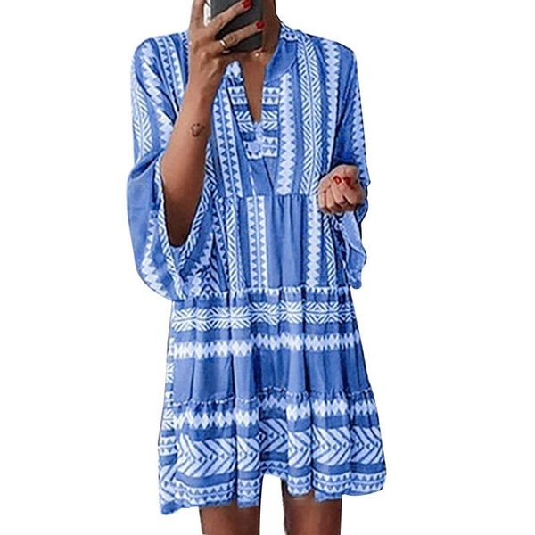 

loose printed pullover mini casual v neck women dress shopping beach summer party long sleeve tunic, Black;gray