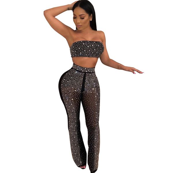 

rhinestone sheer mesh two piece sets women sparkly nightclub matching outfits strapless crop and bodycon flare pants, Gray