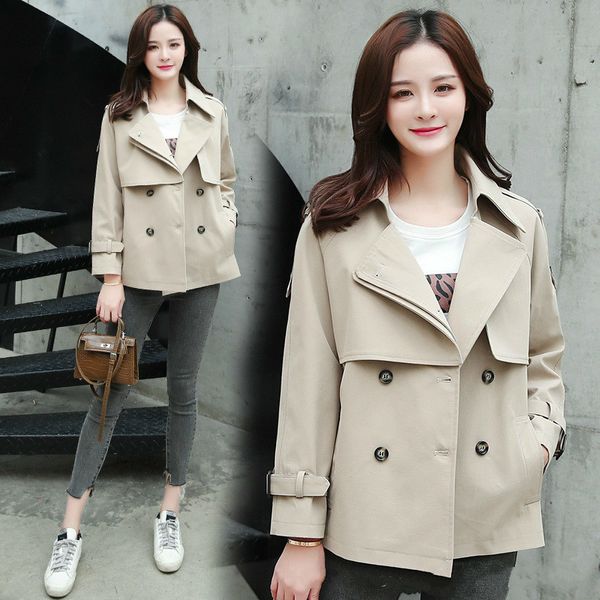 

loose coat woman 2019 autumn spring trench coat women ma'am short fund trend small windbreaker renovation thin body suit-dress, Tan;black