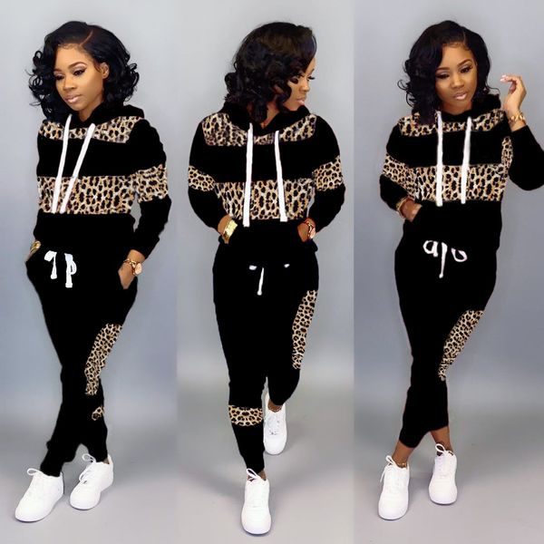 

2020 womens designer tracksuits leopard print panelled hooded woman 2 piece outfits long sleeve female clothing, Gray