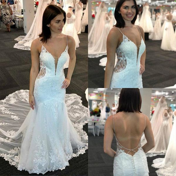 

2020 русалка свадебные платья кружева аппликация спагетти backless бисером страна свадебные платья поезд стреловидности свадебные платья бич, White