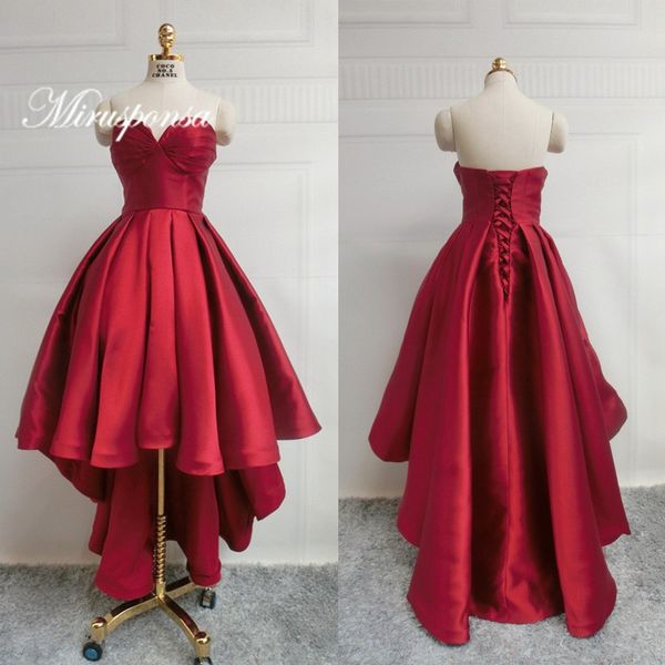 

sweetheart a-line satin burgundy prom dresses with lace up back asymmetrical prom dress for graduation with pleats skirt, Black