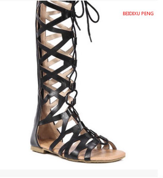 

beidixu peng summer vacation girls net leather comfortable boots sandals tall canister flat heel open toe laced sandals, Black