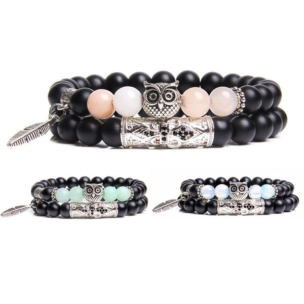

natural stone beads bracelets animal owl bracelets for women men pulseira masculina feminina bileklik mujer bijoux armband set, Golden;silver