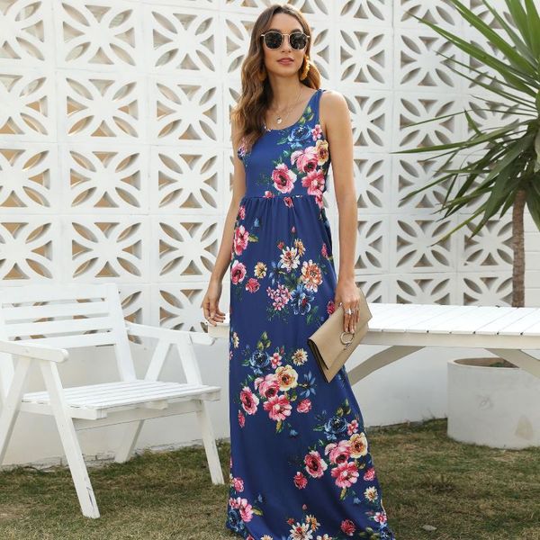 

floral printed maxi dress women a-line v-neck sleeveless draped backless bow casual summer dress beach ropa mujer, Black;gray