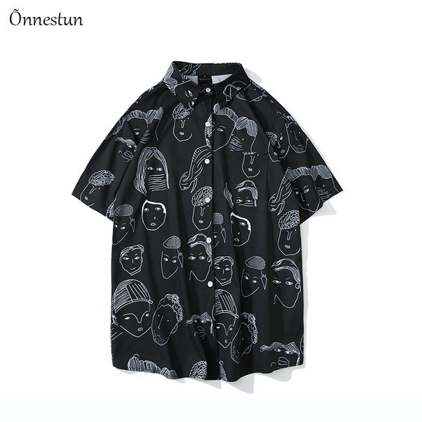

onnestun hip hop short sleeve shirt men new street hawaii beach women fashion harujuku graffiti painting lovers shirts men, White;black