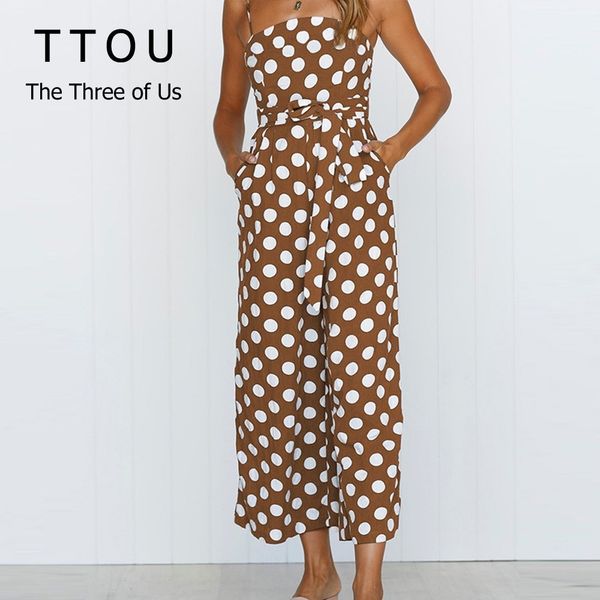 

ttou women rompers summer long pants elegant strap female jumpsuits sleeveless polka dot plus size jumpsuit off shoulder overall, Black;white