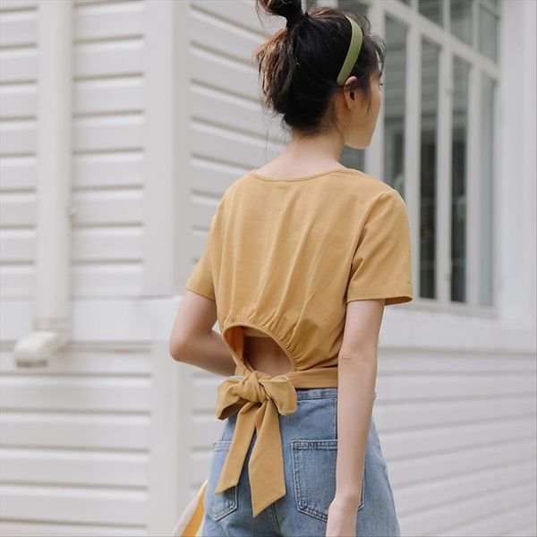 

summer 2020 fresh and t-shirt sweet waist hollow belt slim short solid color round collar short sleeve t-shirt female, White