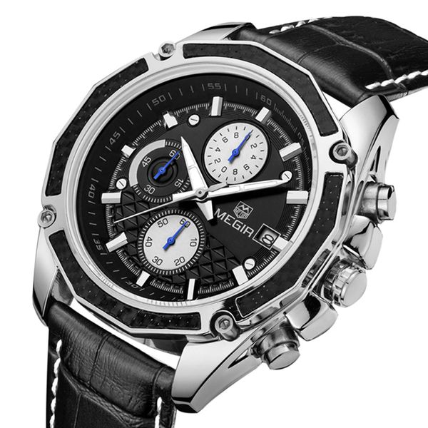 

megir men's sports watch quartz watches calendar waterproof leather strap 2015g, Slivery;brown