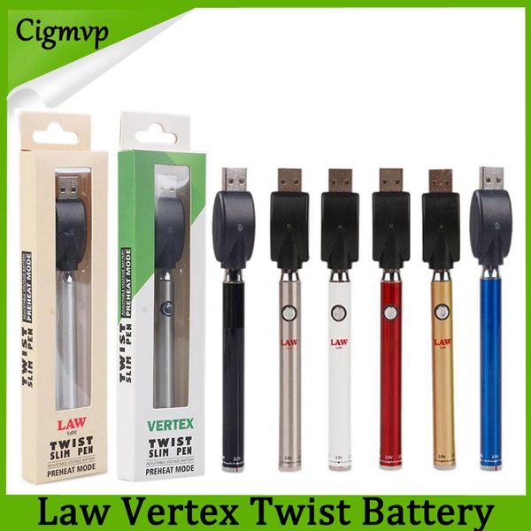 

Аутентичные Vertex Law Preheat VV Аккумулятор Bottom Twist 350mAh Ручка Vape с переменным напряжением Зарядное устройство USB Комплект батарей для 510 резьбовых картриджей