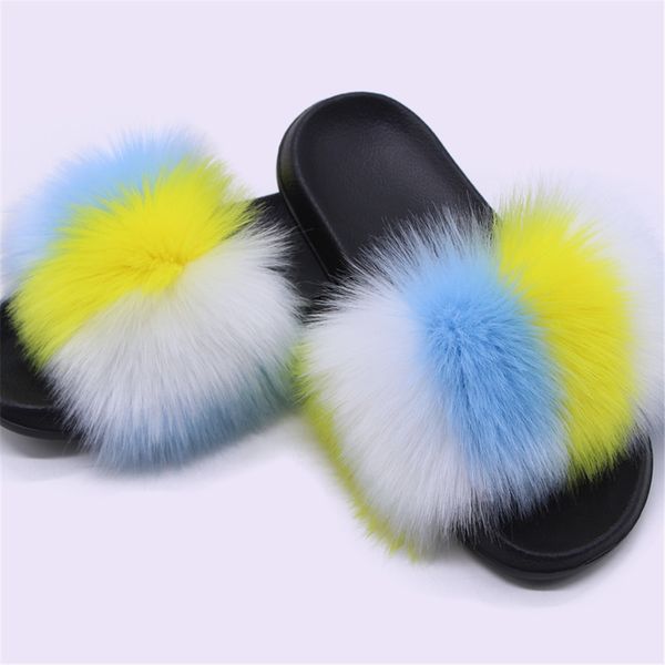 

women fur slides faux fox fur fluffy slippers furry flat sandals indoor flip flops fuzzy plush sandals fur home shoes tx-23, Black