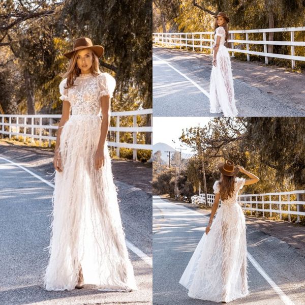 

crystal design bohemian wedding dresses 2019 lace appliques ostrich feather short sleeve bridal gowns custom summer beach wedding dress, White