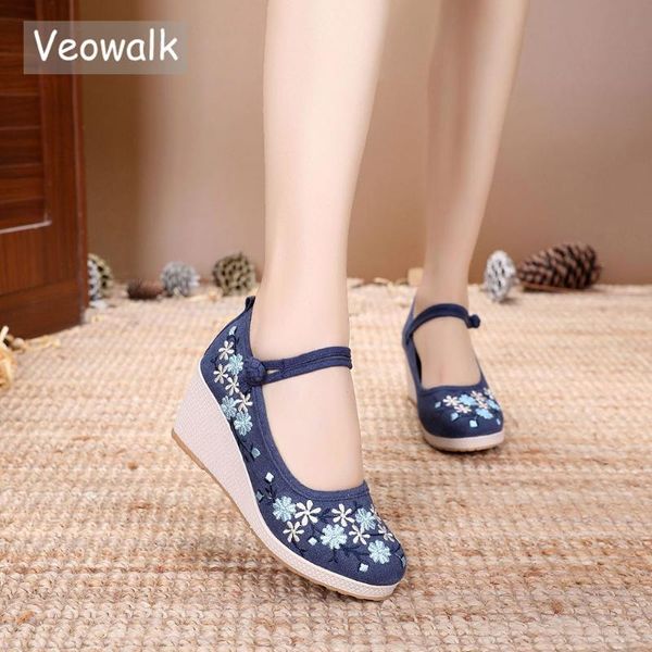 

veowalk retro embroidery women canvas wedge platforms shoes comfortable ladies ankle strap high heels chinese casual pumps, Black