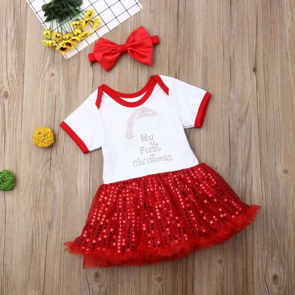 

baby girl dress 2019 toddler newborn infant first christmas xmas patchwork red short sleeve o-neck princess headband 0-24m, Red;yellow