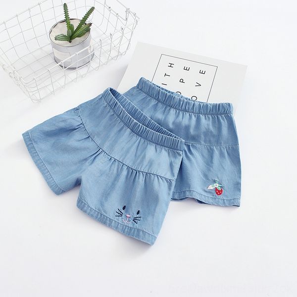 

2020 children's and girls' embroidered strawberry embroidered denim strawberry denim skirt cat tencel jeans skirt pants, Blue