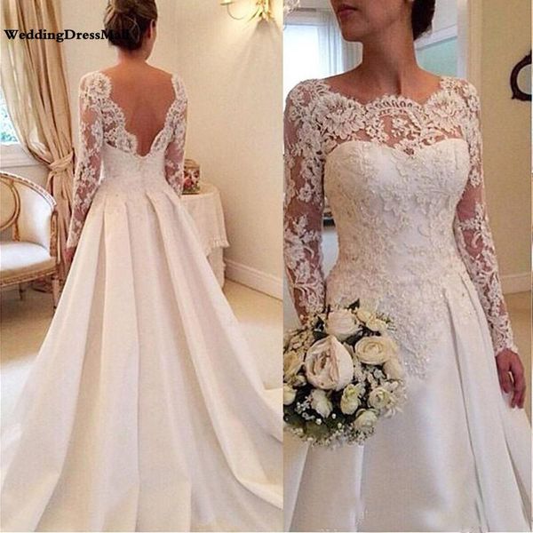 

2019 Long Sleeve Wedding Dresses A Line Sheer Neckline Backless Lace and Satin Bridal Wedding Gowns Vestidos De Novia