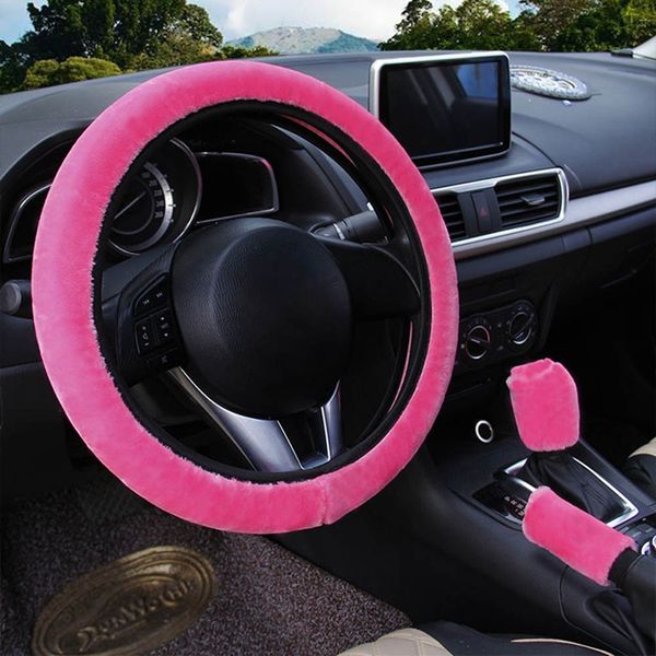 

3pcs/set soft plush car steering wheel cover winter warm steering wheel hand brake set gear covers protector car styling