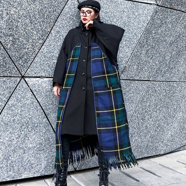 

tvvovvin plaid tassel wool coat woman 2019 winter thick wool coat single breasted loose overcoat skirt black qyf1294