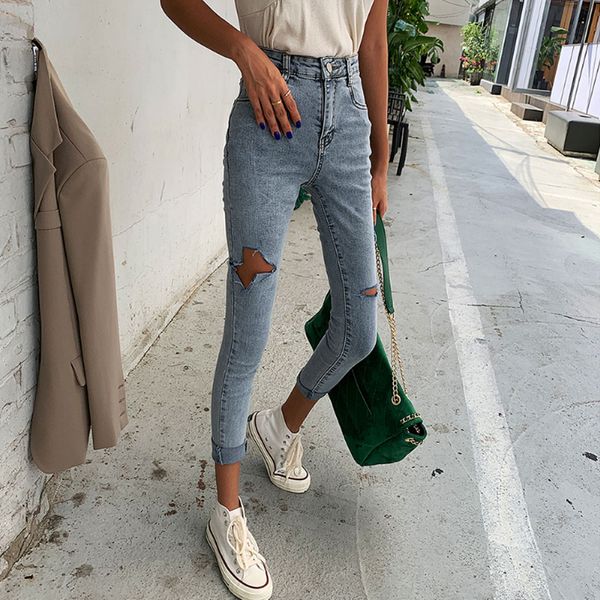 

autumn chic ripped stretch women high waist jeans women denim pants capri female skinny pencil jeans 2020, Blue