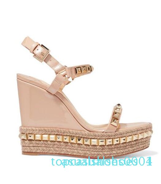

perfect quality ladies red bottom wedge cataclou sandals gold patent leather studded ladies ankle strap women pumps party eu35-42 t04, Black