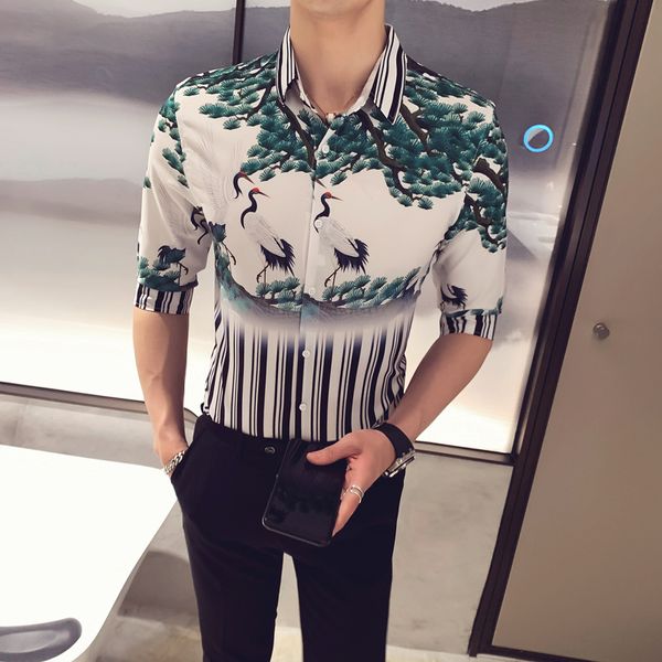 

social nightclub tuxedo blusa masculina 2020 summer print striped men shirt blouse homme casual slim fit dress shirts streetwear, White;black
