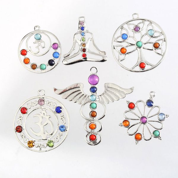 

7 chakra reiki point tree of life pendant charms jewelry yoga crystal stones for necklace, Bronze;silver