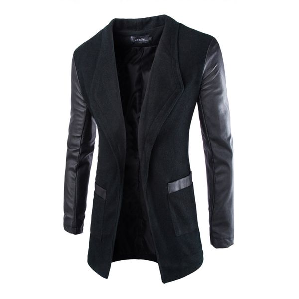 

warm mens coat wool blends windbreaker male jacket coat man outwear pu leather slim fit long 783, Black