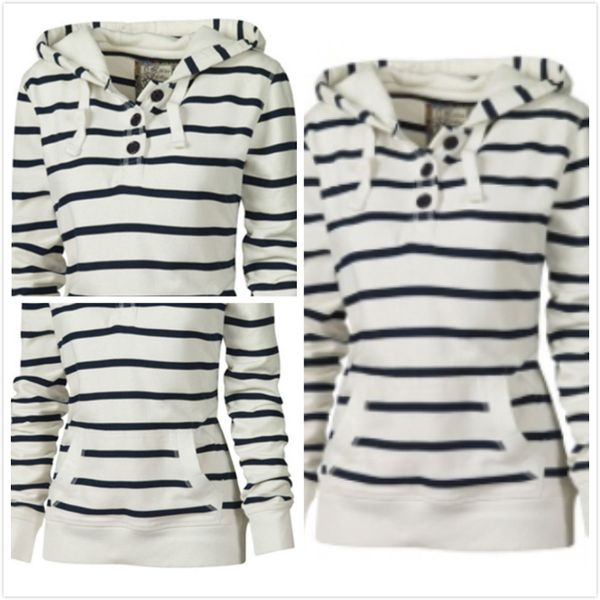 

женская кнопка полосатый свитер с длинным рукавом с капюшоном пуловер, Black