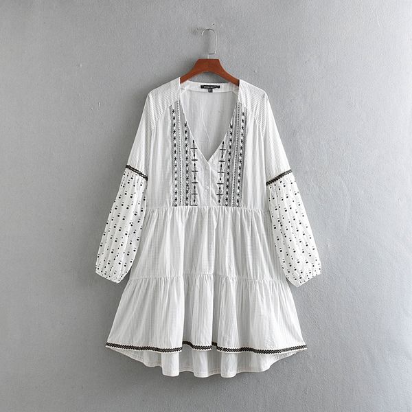 

qz909 european design v neck embroidery dress ethnic long sleeve loose dress vestidos, Black;gray