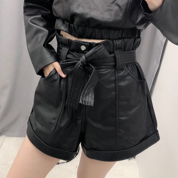 

2020 new arrival women black pu faux leather high waist wide leg shorts office lady autumn winter short pants belt, White;black