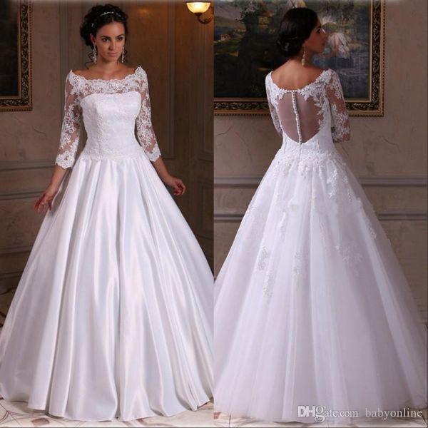 

sheer bateau neckline white satin wedding dress with 3/4 sleeves floor length princess bridal dress gown with sheer back