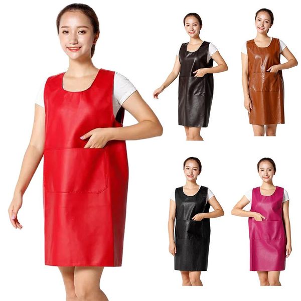 

pure color faux leather sleeveless apron stain-resistant waterproof pocket cover fashion