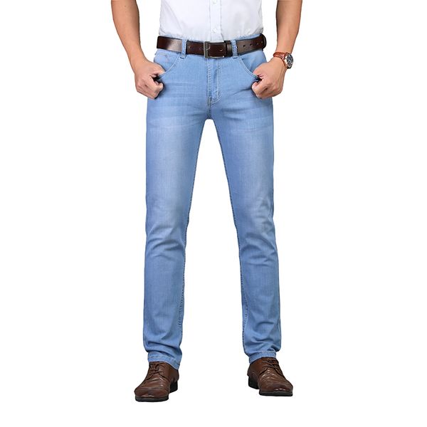 

2018 spring summer style utr thin mens brand jeans fashion men casual slim fit straight high stretch feet skinny jeans men, Blue