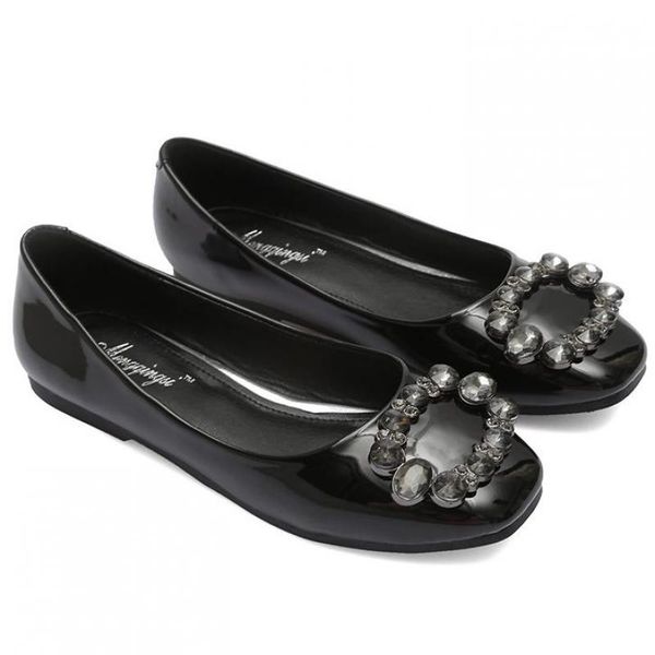 

women black patent leather crystal flat shoes rhinestones buckles square toe loafers lady slip on shallow comfortable boat shoes