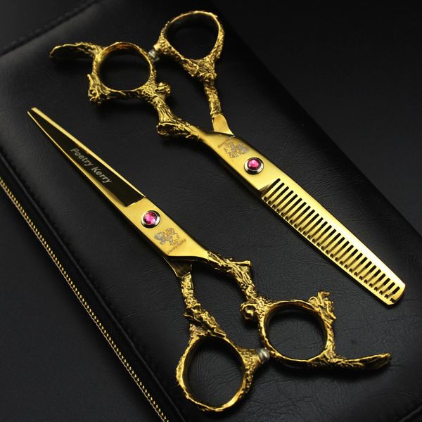 

6.0 inch pk gold color dragon handle hairdressing scissors hairdressing tools flat shears bangs scissors tooth thinning