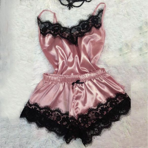 

pajama set women's sleepwear set babydoll v-neck sleeveless nightdress night dressing +bottoms nuisette femme de nuit, Black;red