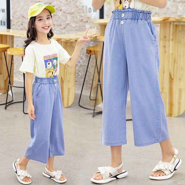 

girls' jeans wide leg wide leg pants 2020 summer clothes children's loose jeans pants medium and large children's thin wester, Blue