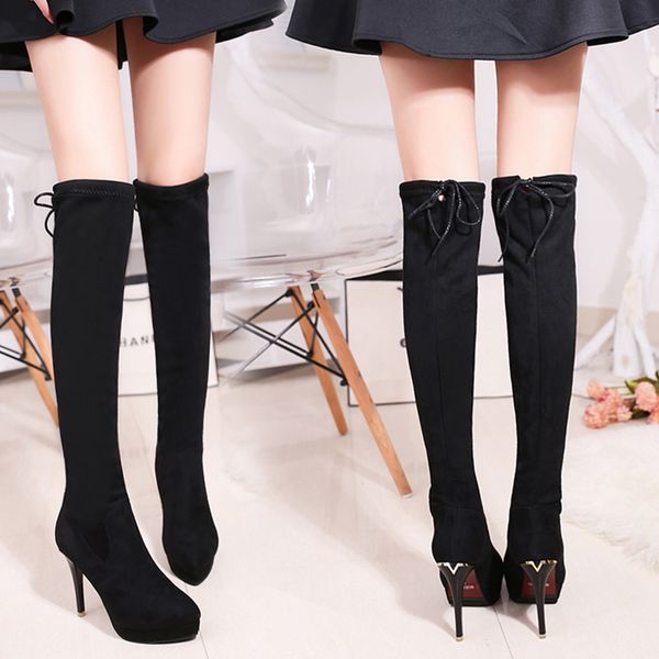 

lady boots women's rubber shoes rain round toe thigh high heels high boots-women lace up winter footwear ladies, Black
