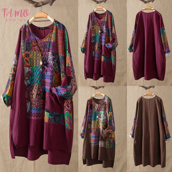 

5xl plus size blouse women long polyester sleeved shirt female fashion floral cotton linen o neck big size tunic print blouse top, White