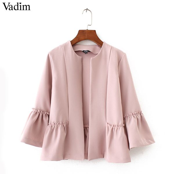 

vadim women sweet ruffles jacket open stitch design flare sleeve coats solid ladies casual brand outerwear ct1522, Black;brown