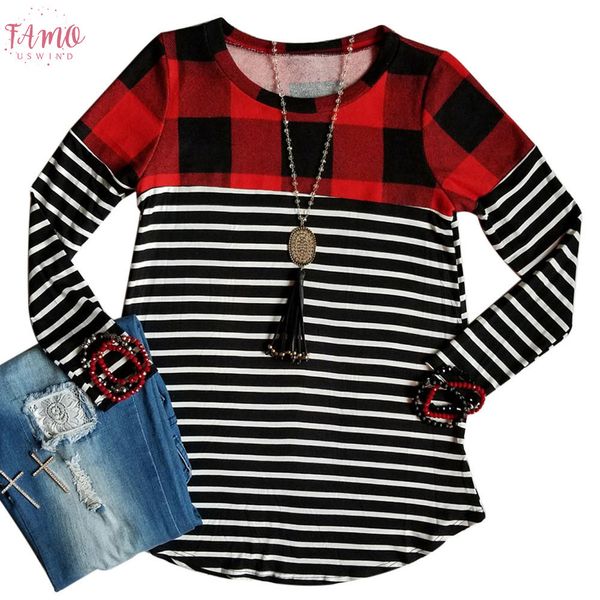 

spring autumn women t shirt long sleeve plaid striped splicing o neck casual female t shirt ladies polyester tee, White